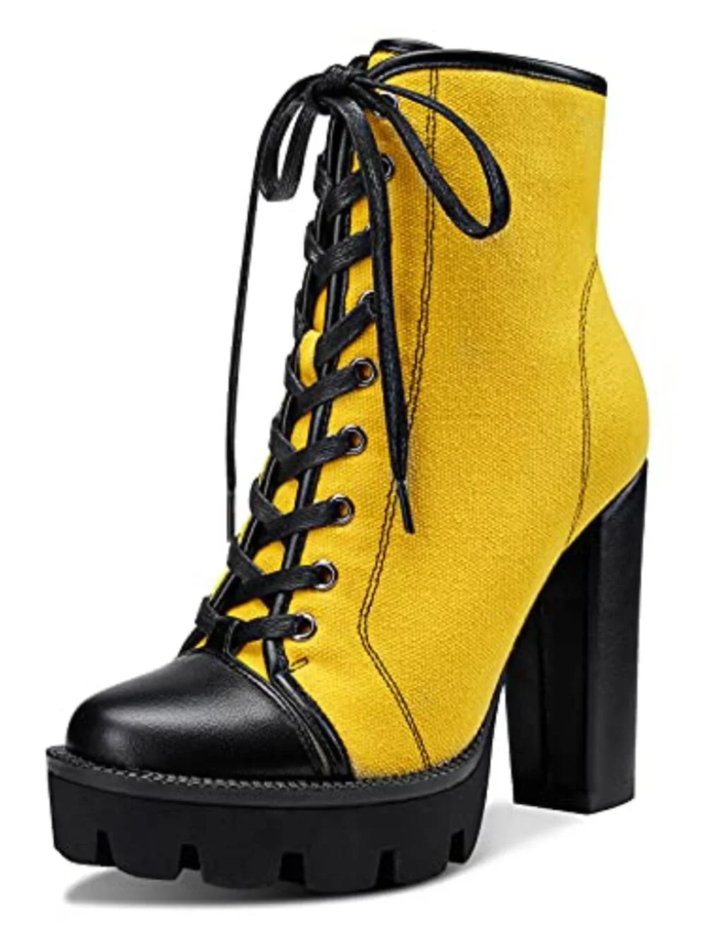 High Heel Platform Lace Up Booties Chunky Heel Ankle Boots Zipper Round Toe